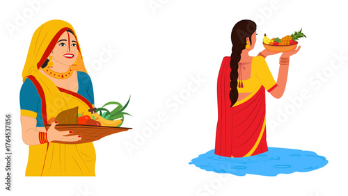 Vibrant Indian women celebrating Chhath Puja with colorful sarees and fruit offerings, embracing cultural traditions and festive spirit near water, vector art