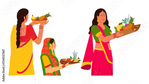 Celebrating Chhath Puja Festival with Devotion and Colorful Saris, Offering Fruits and Prayers for Prosperity and Well-being in a Vibrant Cultural Tradition