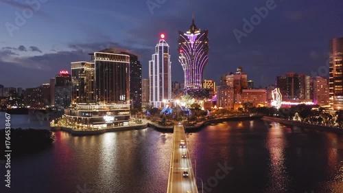 Aerial view of downtown skyline at night, Macao, China
