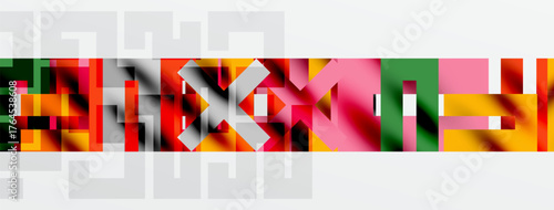 Abstract geometric composition. Rectangles overlap, creating vibrant color blocks. White shapes provide contrast, modern aesthetic.
