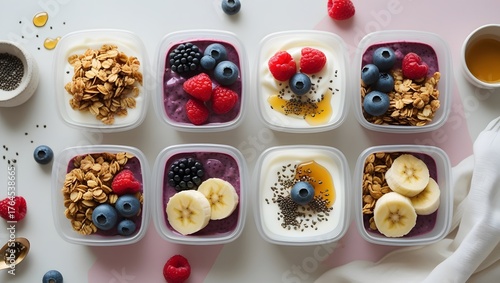 Flat lay photo of breakfast meal prep boxes with granola, yogurt, berries, bananas, chia seeds, and honey drizzle. Soft natural light, pastel tones, clean minimal style — perfect for stock use.