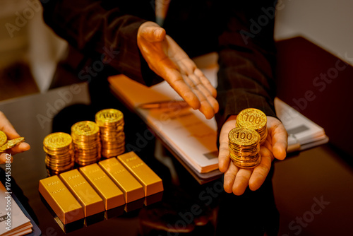 A suited Asian analyst confirms the tangible value of global gold holdings, carefully placing a 999.9 fine gold bar amidst a reflective display of physical assets.