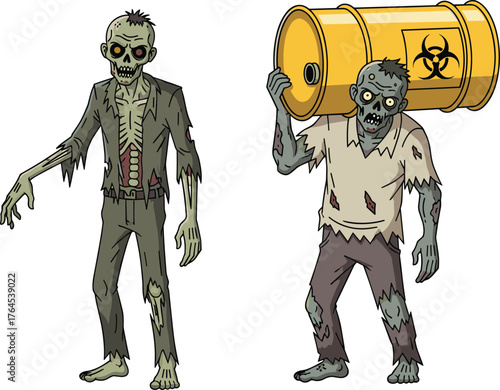 Creepy cartoon zombies carrying toxic barrel, scary undead characters in tattered clothes, radioactive horror illustration perfect for Halloween design themes