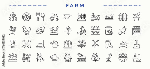 Farm icon set. Contain linear symbols land, agriculture, garden, plant and more. Farming linear icon set. Vector illustration.