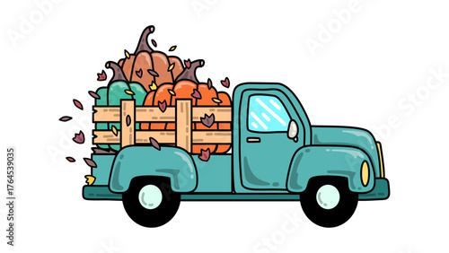 Fall harvest truck with pumpkins, a delightful design celebrating autumn's abundance for Thanksgiving, seasonal events, and harvest festivals with vintage flair