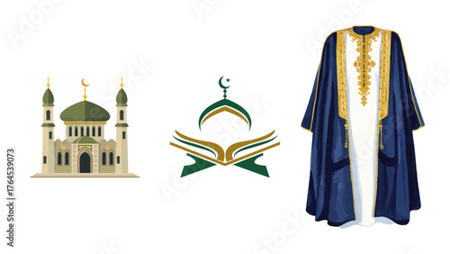 Celebrate Islamic Traditions with a Mosque, Quran, and Thobe Illustration for Ramadan, Eid, and Cultural Events with Stunning Detail for Your Projects
