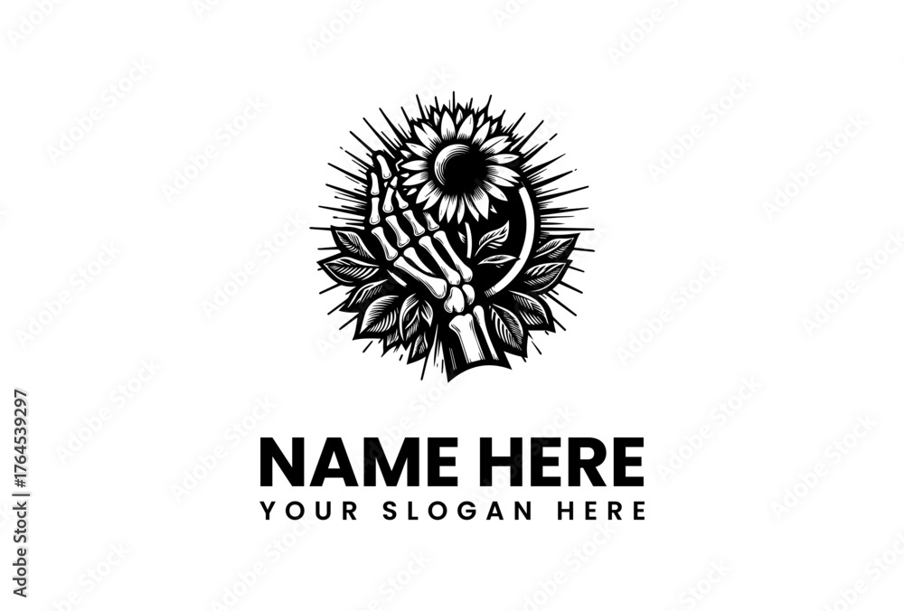 Fototapeta premium Artistic Skeleton Hand Holding Sunflower with Detailed Leafy Embellishments.