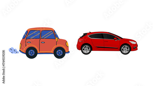 Vintage vs Modern Cars: Classic Orange Car Puffs Smoke Next to Sleek Red Automobile, Illustrating Automotive Evolution and Design Contrasts