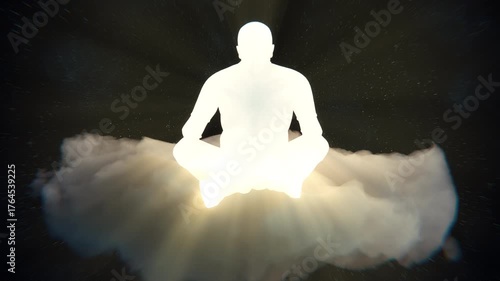 4K seamless 3D loop of a glowing human figure meditating on a cloud under a starry night sky. Peaceful, mystical, and spiritual — symbolizing divine energy, enlightenment, and cosmic balance.