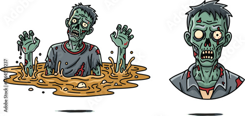 Creepy zombie emerging from toxic swamp, undead creature illustration, scary cartoon design perfect for Halloween, horror art, and apocalypse theme