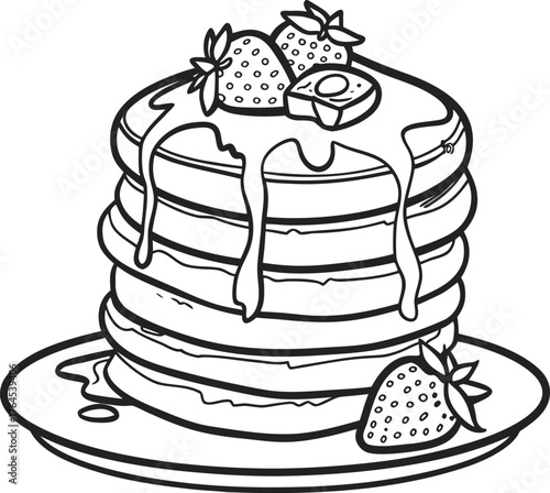 Delicious stack of pancakes topped with fresh strawberries and syrup outline drawing isolated on transparent background