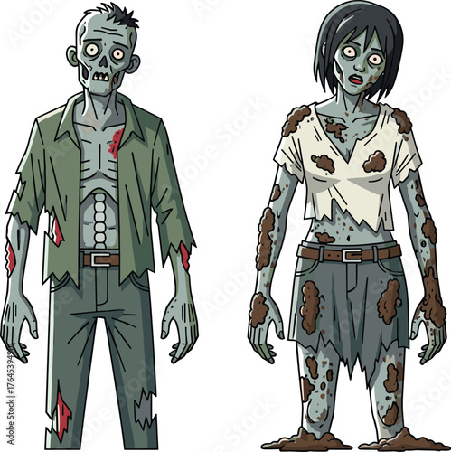 Scary cartoon zombies standing together, horror undead man and woman illustration with torn clothes and mud stains for Halloween design