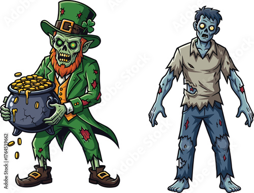 Zombie leprechaun holding pot of gold and scary undead man illustration, Halloween cartoon horror character design, creepy fantasy monster artwork