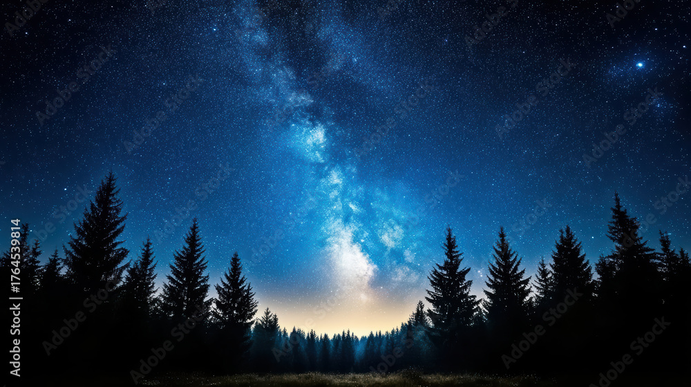 Naklejka premium Majestic stars illuminate serene forest silhouette under starry night sky