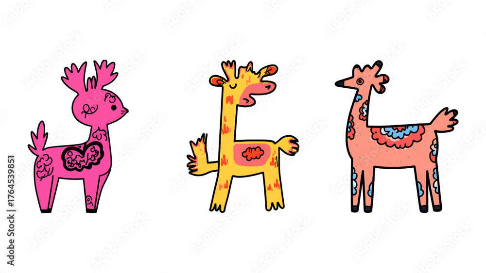 Naklejka premium Funky Animal Illustrations for Children's Designs: A Collection of Playful Deer, Giraffe, and Llama Characters, Perfect for Whimsical Projects and Creative Ideas