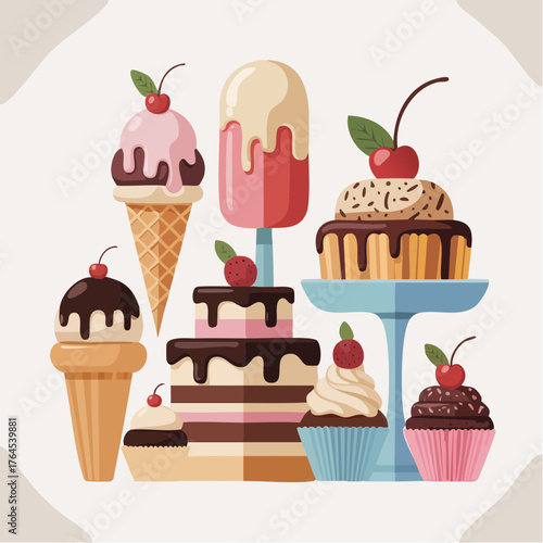 Colorful assortment of desserts displayed on a table with ice cream cones, cakes, and cupcakes creating a sweet and tempting display of treats.