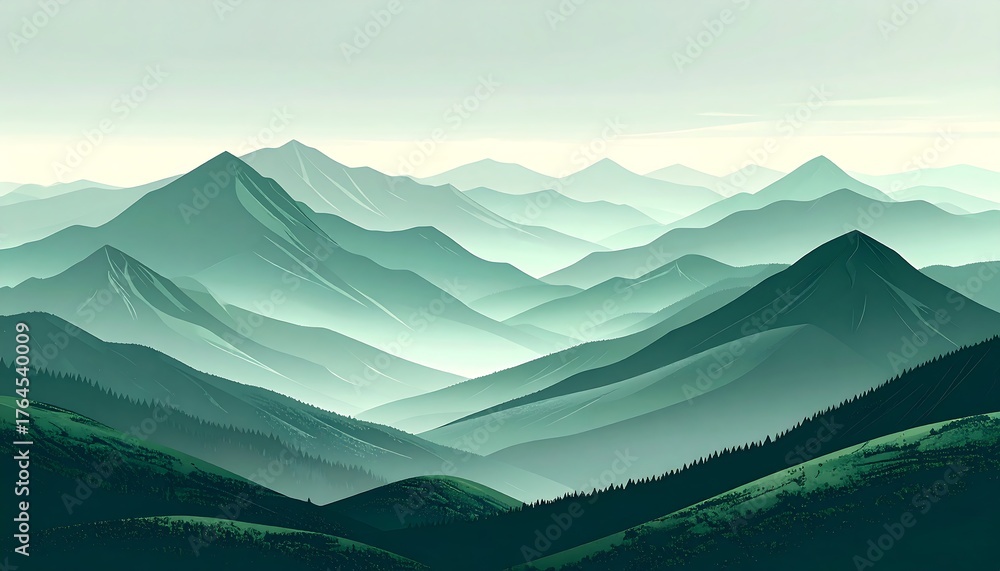 Fototapeta premium Tranquil green mountain ranges receding into a hazy distance. Minimalist art. Calm and peaceful illustration