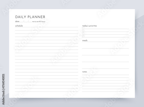 Daily planner. Timetable for day with notes. Homework organizer template. Simple scheduler. Journal page. Empty blank of diary. Layout of schedule planer. Vector illustration. Paper size A4.