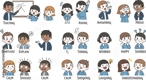 Cartoon Children and Adults Expressing Emotions and Actions – Teaching, Asking, Thinking, Explaining, Proud, Confused, Happy, Shocked, Laughing