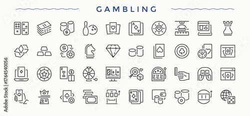 Gambling icon set. Outline icons in linear style. Contain linear sign card, dice, slot, gamble, bet. Vector illustration. Bet icon set.