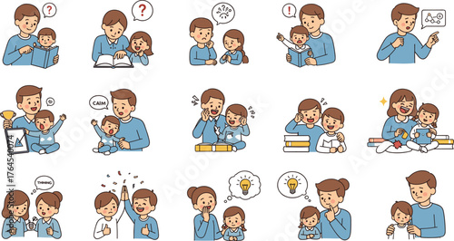 Parent-child emotional learning scenes, cartoon-style interactions showing confusion, thinking, support, celebration, calm, stress, laughter, and problem-solving moments.