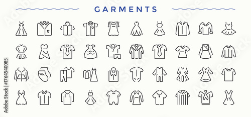 Garment linear icon collection. Textile icon pack. It contains symbols to apparel, wear, shirt, textile, fashion, dress. Pixel perfect. Editable vector.