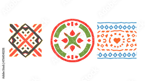 Vibrant geometric folk art illustrations: Unique tribal style patterns for creative projects with vintage flair and cultural appeal