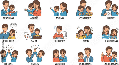 Cartoon-style emotional expressions and social interactions, teaching, asking, encouraging, confused, happy, tired, laughing, worried, thinking, surprised moments.