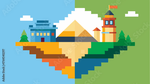 A split map featuring traditional landmarks transitioning into pixelated versions symbolizing the shift from physical to digital interactions.