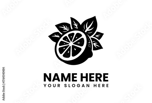 Bold Black Lemon Logo with Leaves and Text for Branding.