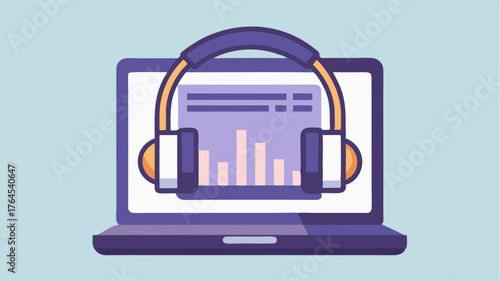 A pair of headphones resting on an open laptop with sound editing software visible on the screen representing music production.