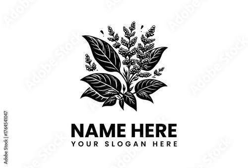 Detailed Black and White Vector Illustration of a Flowering Plant with Berries.