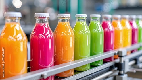 colorful fruit juice bottles on conveyor belt in beverage factory
