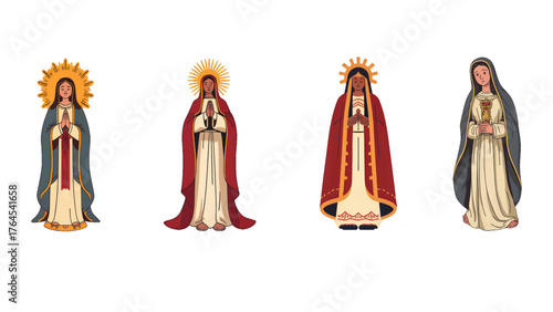 Diverse depictions of the Virgin Mary, a symbol of faith, hope, and protection in various cultural artistic styles for religious celebrations and spiritual reflection