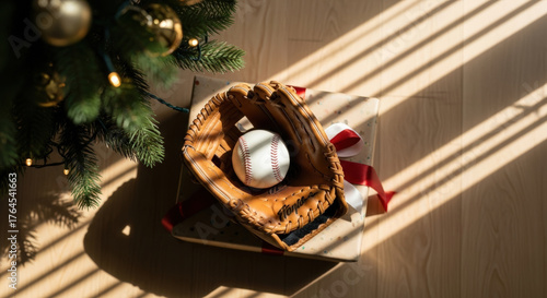 Baseball glove and ball on wrapped present under a Christmas tree, conveying holiday gift and sports concept.