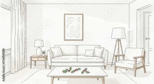 Minimalist living room sketch with sofa, armchair, lamps, table, and festive holly decoration conveying cozy and modern interior design.