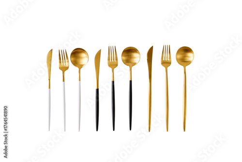 Modern cutlery set gold color isolated png file cutout object on transparent background top view. Banner. Elegant table setting.