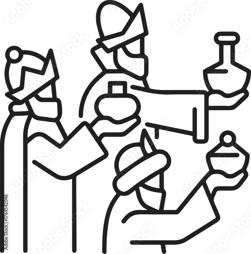 Three wise men line art with gifts kings nativity