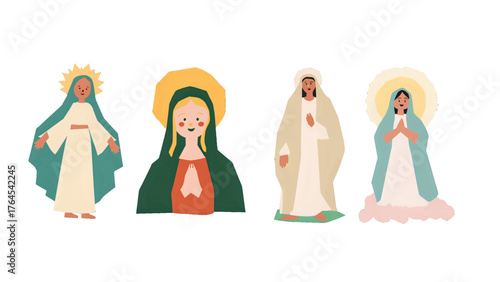 Four depictions of the Virgin Mary offer blessings, peace, and hope, perfect for religious celebrations, graphic design or devotional materials with sacred art