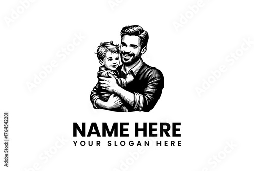 Engraved Style Father Holding Smiling Child with Textured Clothing and Hair.