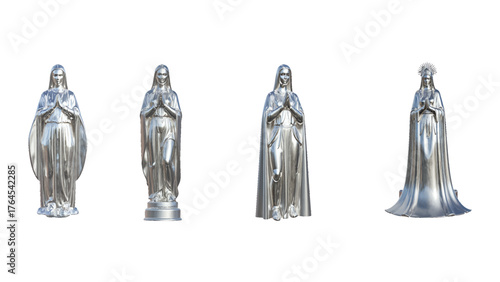 Four stunning silver statues depicting the Virgin Mary in prayer, perfect for religious art, faith-based projects, and spiritual designs with timeless elegance