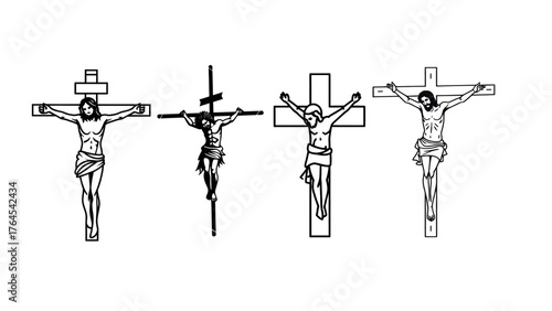 Four artistic crucifixes evoke spiritual depth and artistic expression, perfect for contemplative designs or religious art projects with a modern edge