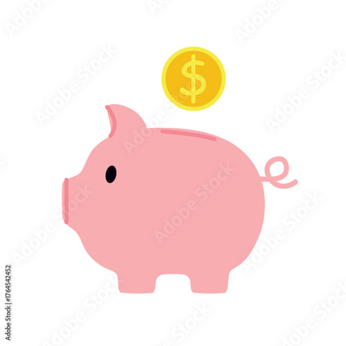 pink piggy bank with a dollar coin, symbol of savings, investment, finance, and money management; perfect for financial, banking, or economic design projects- vector illustration