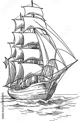 Artistic black and white sketch of a classic tall ship with billowing sails navigating the ocean waves
