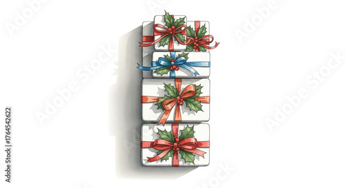 Stack of four white gift boxes with red and blue ribbons and festive holly leaves, watercolor illustration conveying holiday celebration and giving.