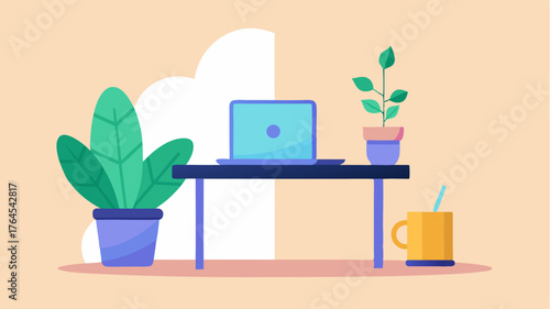 A small corner desk with a laptop a handmade ceramic coffee cup and strategically p greenery creating a fresh and inviting atmosphere.