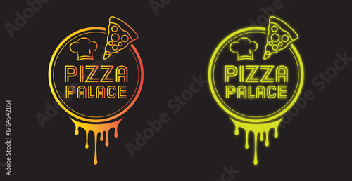 Pizza logo design shows neon colors and melted graphic elements on a black background with clean vector style