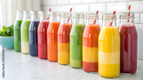 Wallpaper Mural Row of brightly lit glass bottles filled with colorful layered smoothies and juices full hd 4k stock image download Torontodigital.ca