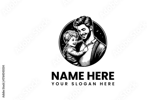 Father and Son Embrace in a Detailed Circular Black and White Illustration.
