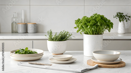 Potted green herbs and ceramic dishes on a minimalist kitchen counter full hd 4k stock image download